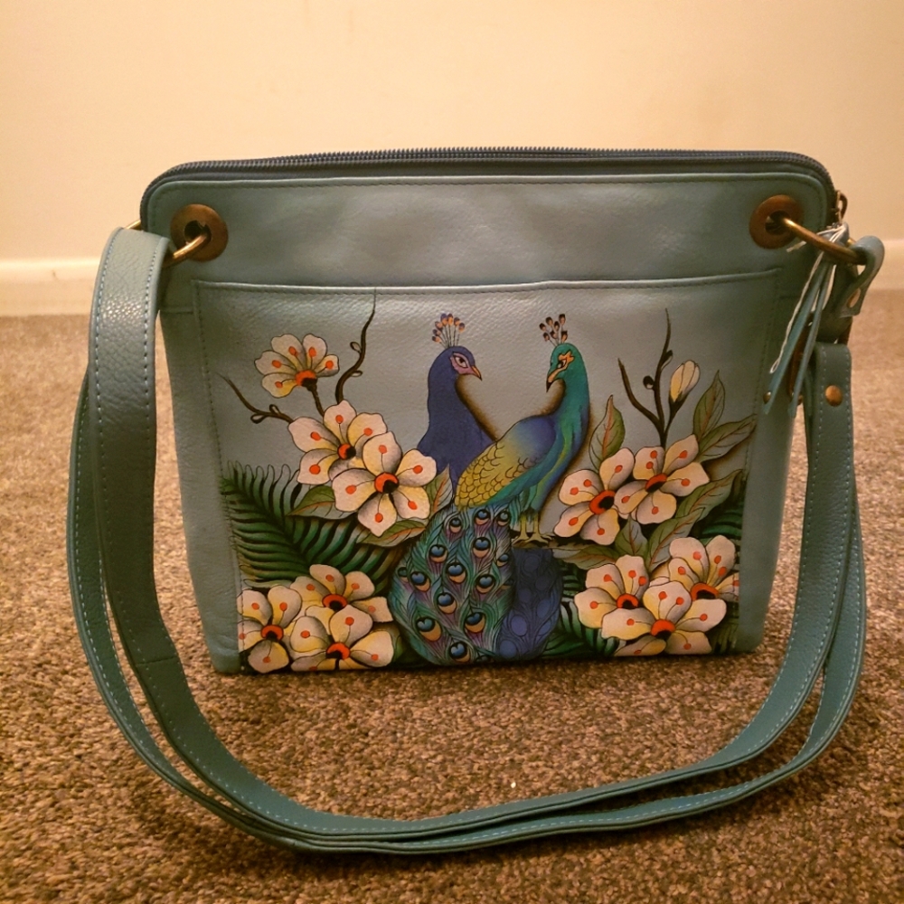 Anuschka Leather Tourquise  painted Peacock & floral design bag & RFID blocker.